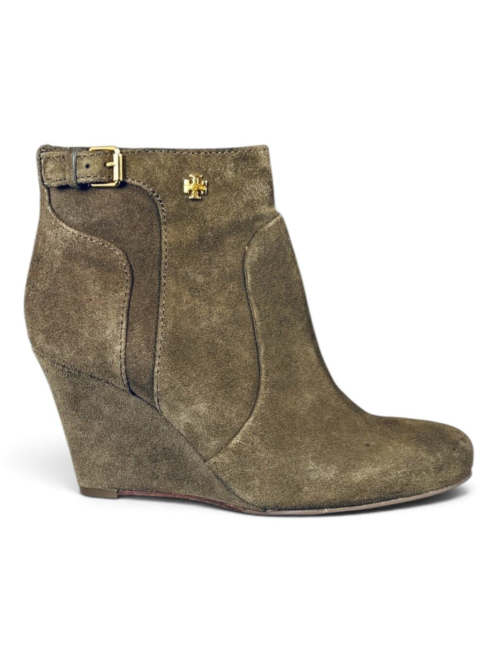 Tory Burch Milan Suede Wedge Ankle Booties River Rock Olive Brown Size 5.5